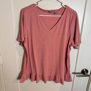 Any Body Women Pink Ribbed V Neck Ruffle Hem Short Sleeve Tunic Top XL